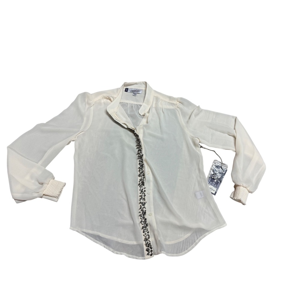Womens Sheer Beaded Button Down Blouse Eggnogā White Small Jennifer Lopez